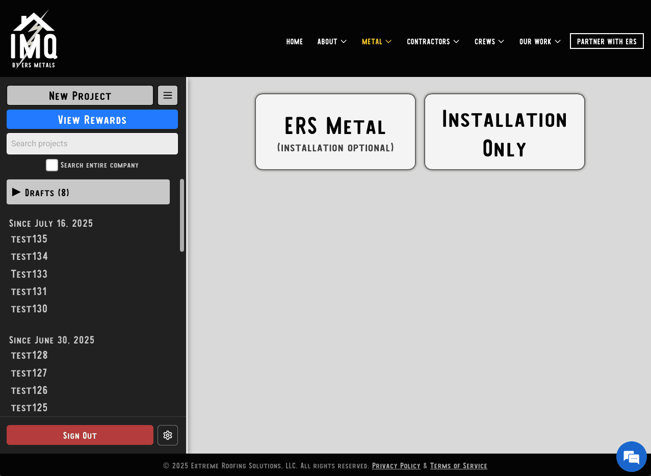 IMQ dashboard for instant metal roofing quotes