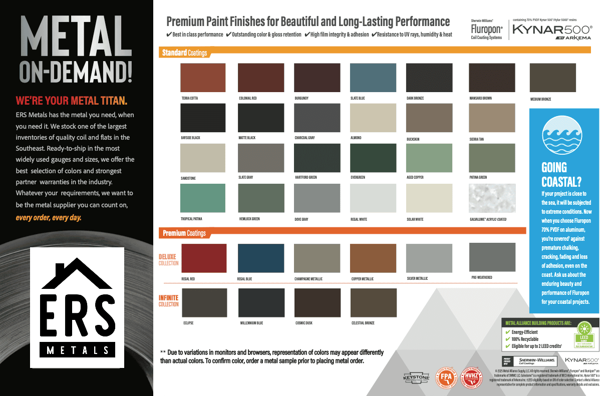 ERS Metals premium PVDF color selection. Get your metal roofing project with superior color coatings from ERS Metals. Warranties available for premium color options