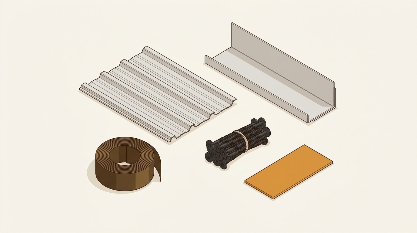 Illustration of metal roofing components laid out: panel section, trim, coil, fasteners and a color chip