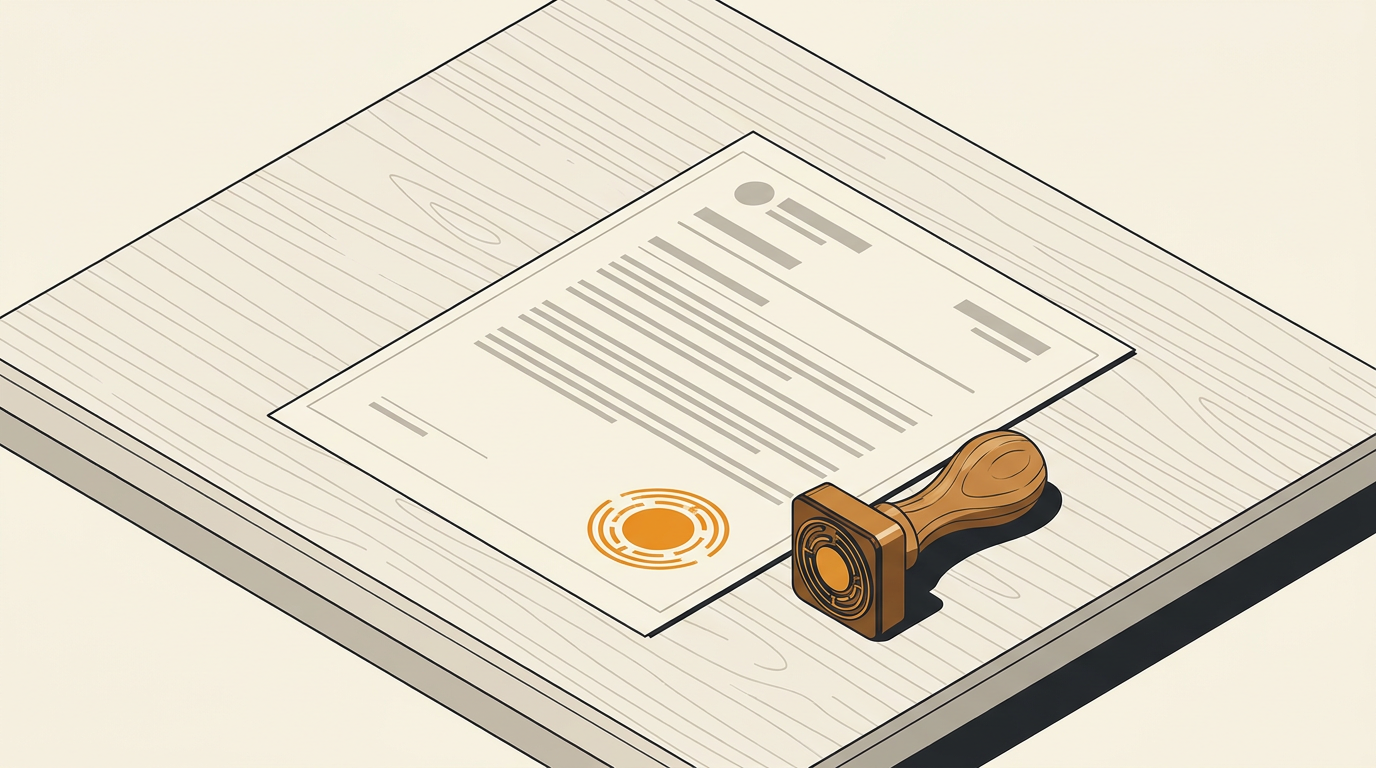 Illustration of a building permit application with an approval stamp pressed onto it