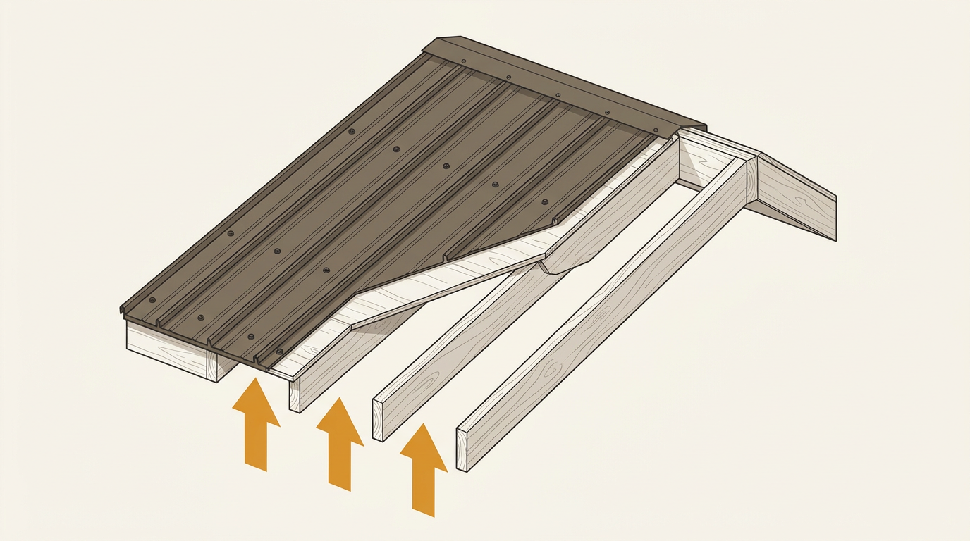 Illustration of a metal roof panel on sloping rafters with arrows showing wind uplift pushing up from beneath